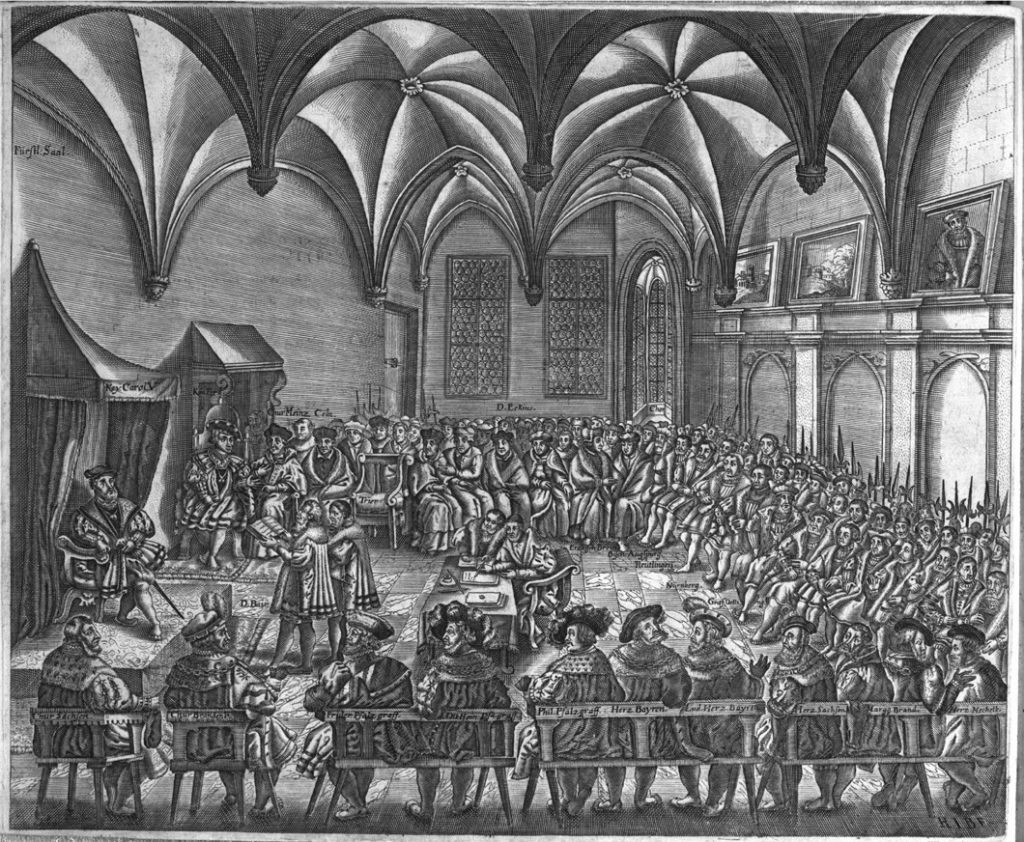 A painting or engraving of the Imperial Diet in session, showing the assembled princes, electors, and representatives in a grand hall.