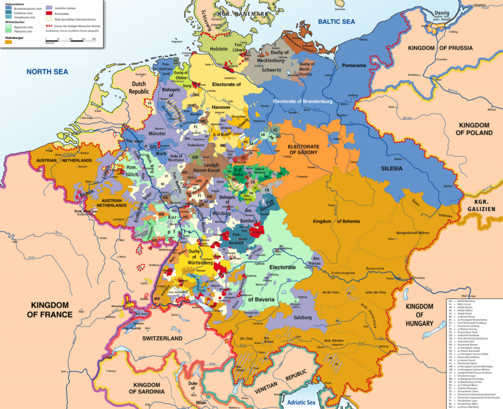 A map of the Holy Roman Empire during the sixteenth century, showing the fragmentation into countless small territories, prince-bishoprics, and free cities.